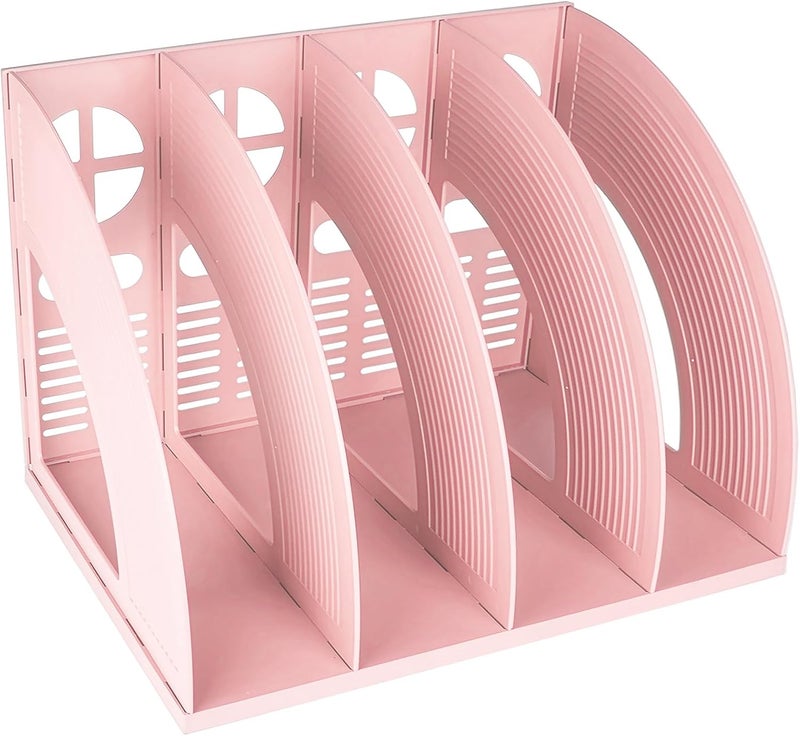 SAYEEC Sturdy Magazine Holder 4 Compartments Plastic Desktop File Organizer File Dividers Office Organizer Storage Document Magaizne Rack Display Box (Pink) - Image 1